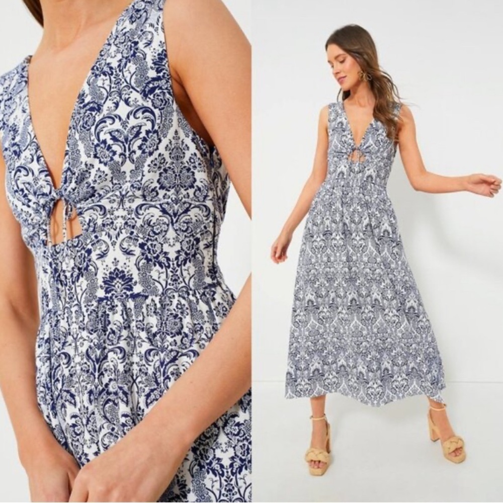 Hyacinth House Navy Scroll Print Toula Midi Dress